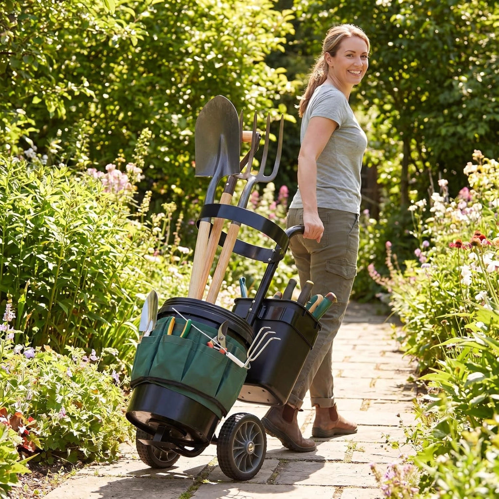 Carrello da Giardino a 2 Ruote, Carrellino da Esterno per Attrezzi da Giardinaggio con Borsa in in Tessuto Oxford, 20 L Secchio Rotondo e 10 L Contenitore Rettangolare Rimovibili