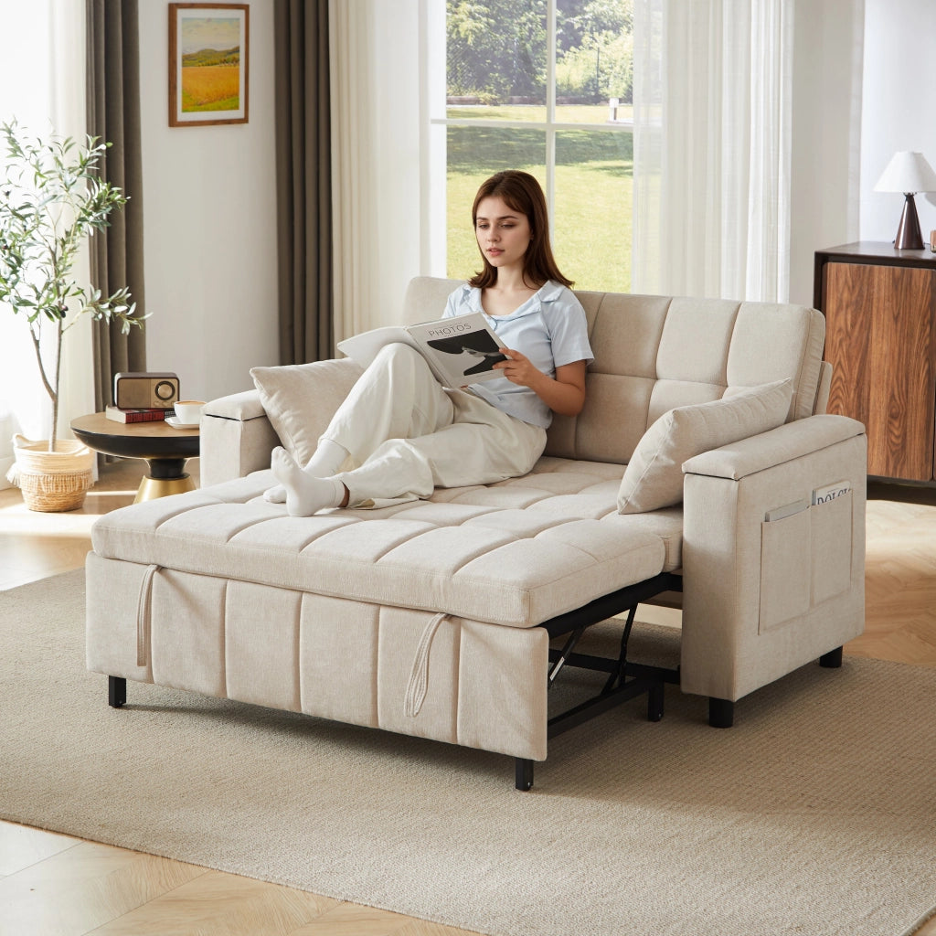 Divano a due posti, divano letto, tessuto chenille, braccioli con vano portaoggetti, struttura in metallo, color beige