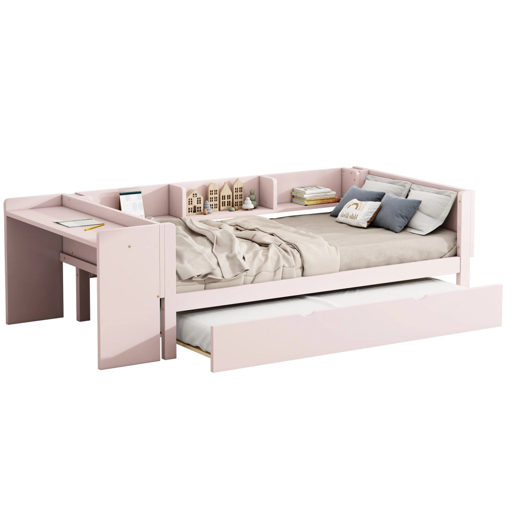 OKWISH Letto estraibile 90×200 cm, Letto Singolo con Letto estraibile, Scrivania e 3 Mensole, senza Materasso, in Pino e MDF, Rosa