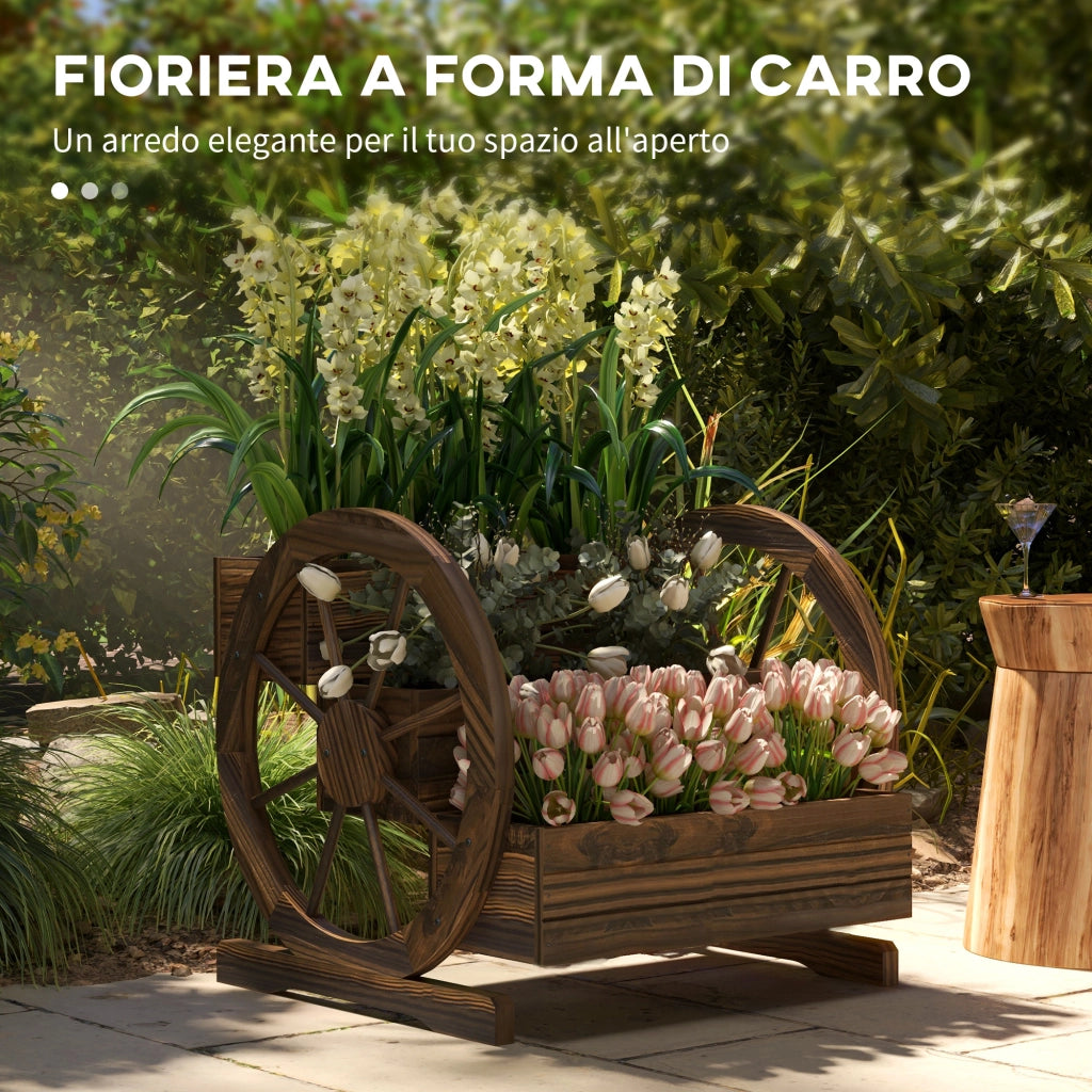 Fioriera da Esterno a 3 Livelli con Ruote Decorative in Legno di Abete Carbonizzato, 62x61x57 cm