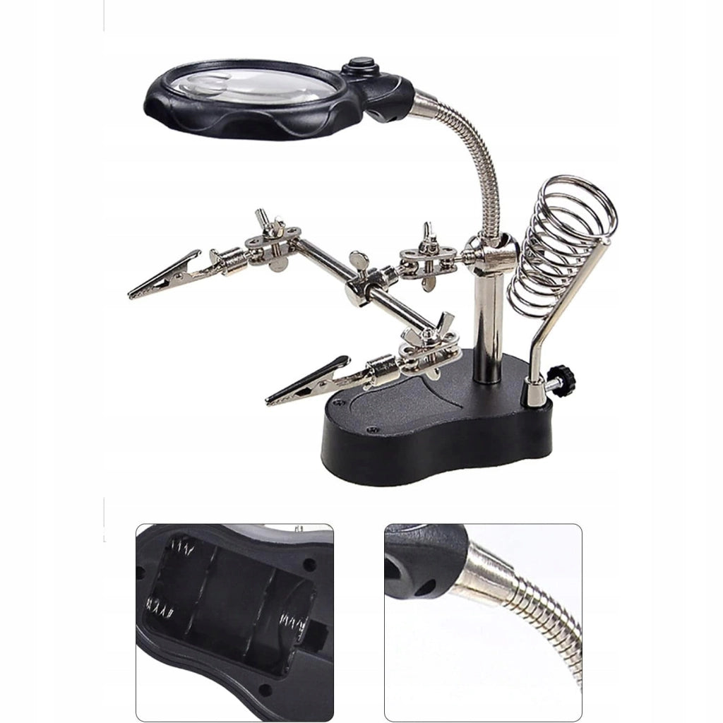 Supporto Terza Mano con Lente d'Ingrandimento TE-801 – Lente 3,5x e 12x | LED 2x | Base Stabile 10x6cm | Altezza 26cm