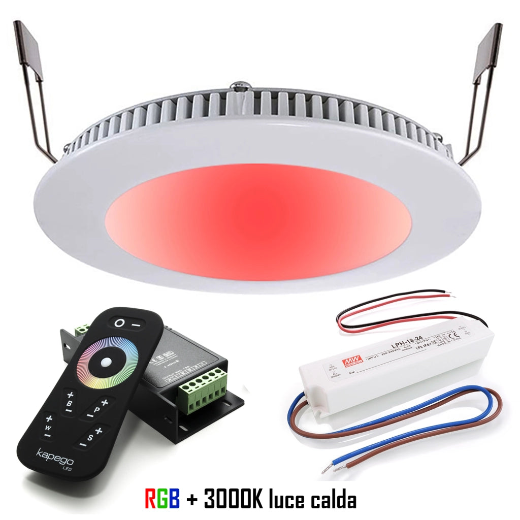 KIt centralina faretto incasso slim cromoterapia LED 8W 24V RGBW 3000K con alimentatore foro 13
