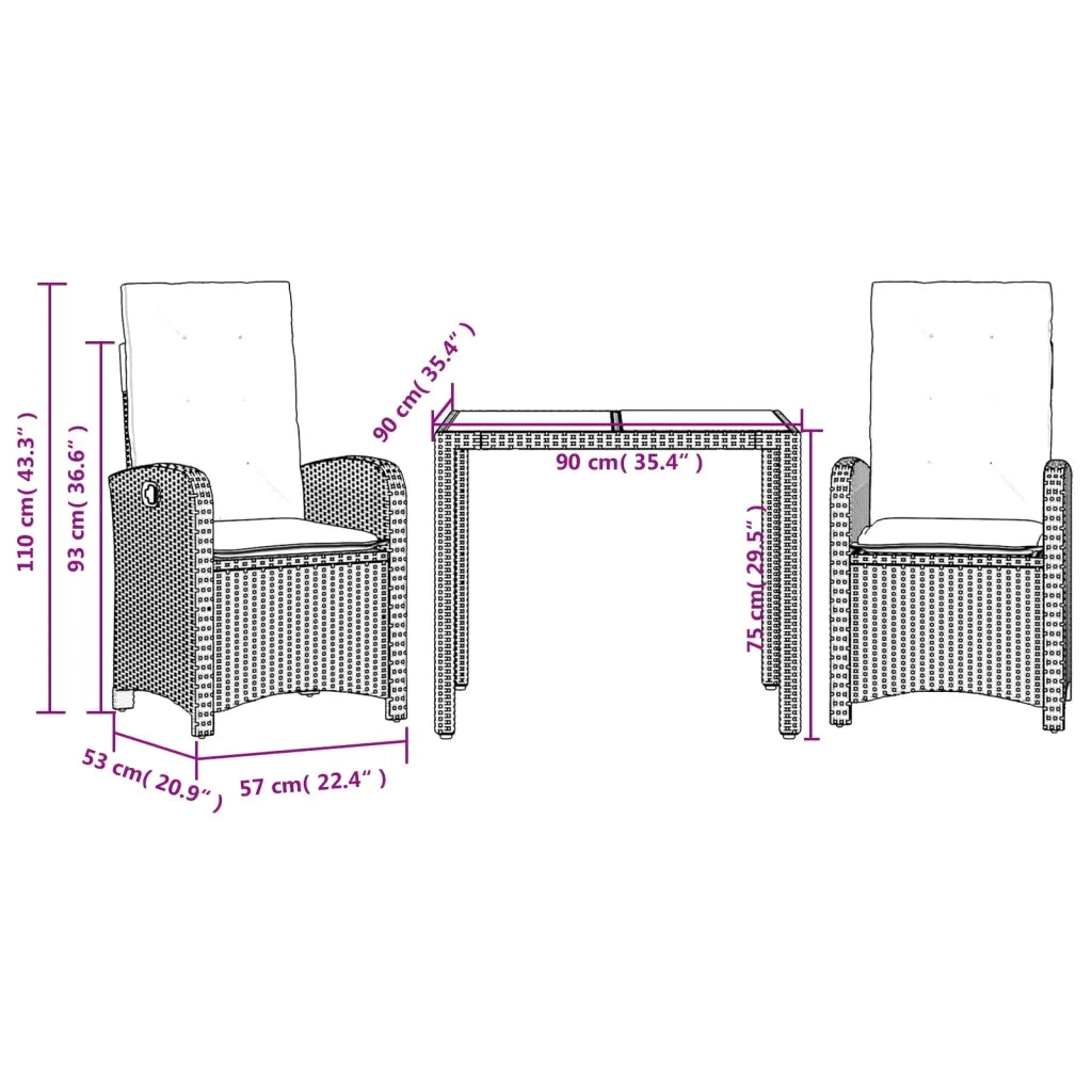 Set da Pranzo da Giardino 3 pz con Cuscini Nero in Polyrattan 3212203