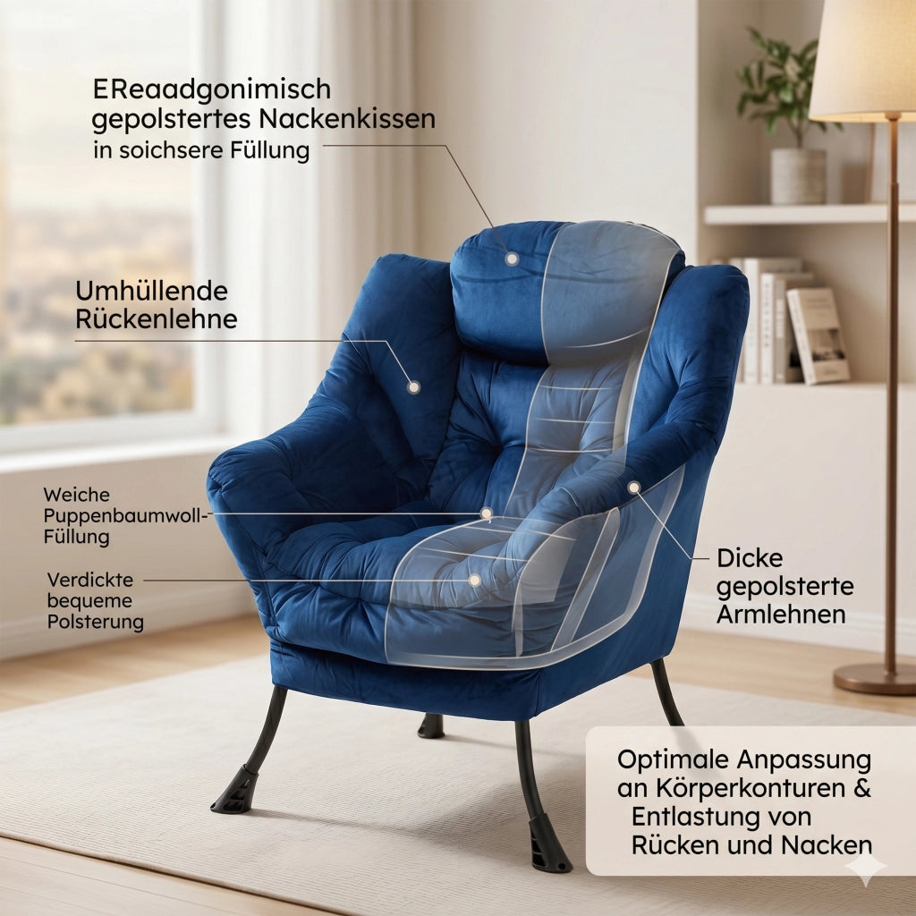 POLTRONA Relax con Pouf 70x77x20 cm Tessuto Blu Scuro