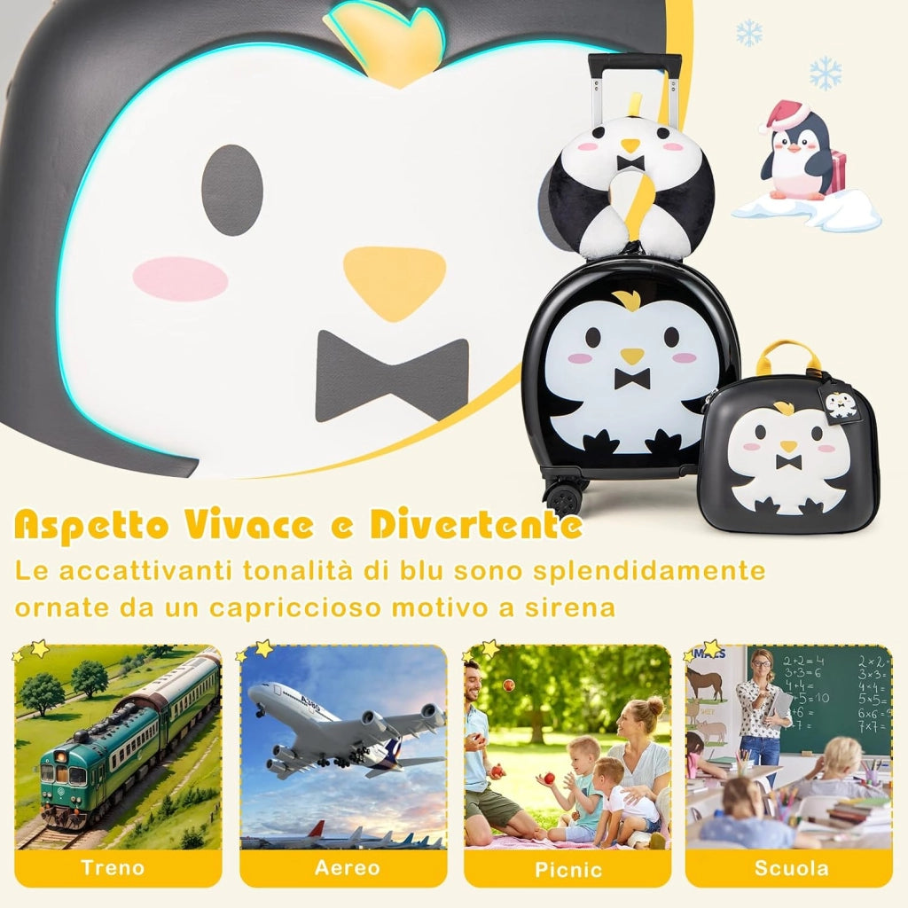 Set di Valiglie per Bambini, Set da 4 Pezzi con Trolley, Zaino, Cuscino per Collo ed Etichetta per Bagaglio, Valigia a Mano da Viaggio con Ruote Universale e Maniglia Regolabile (Pinguino)