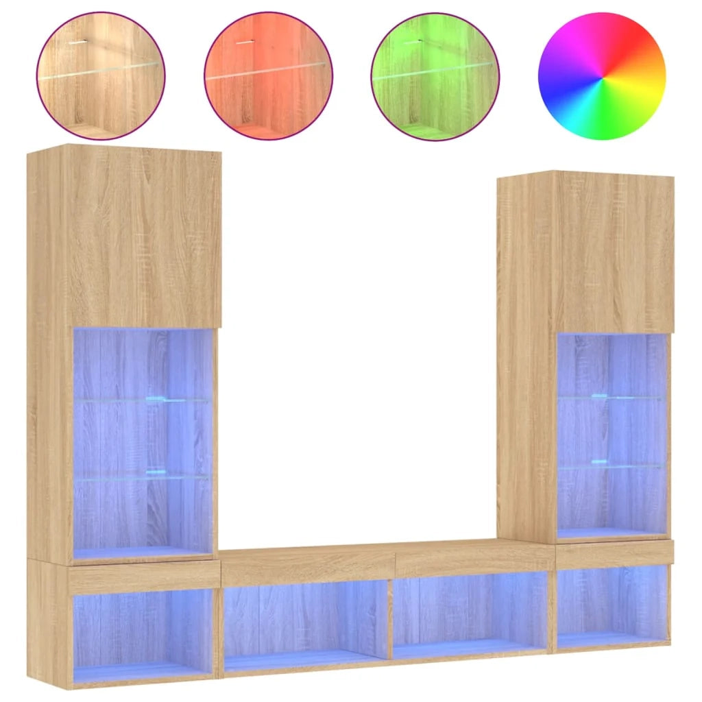 Mobile TV multimediale scaffale TV credenza mobile TV sala da pranzo soggiorno camera da letto con illuminazione a LED 5 pezzi legno ingegnerizzato rovere Sonoma marrone 02_0029418