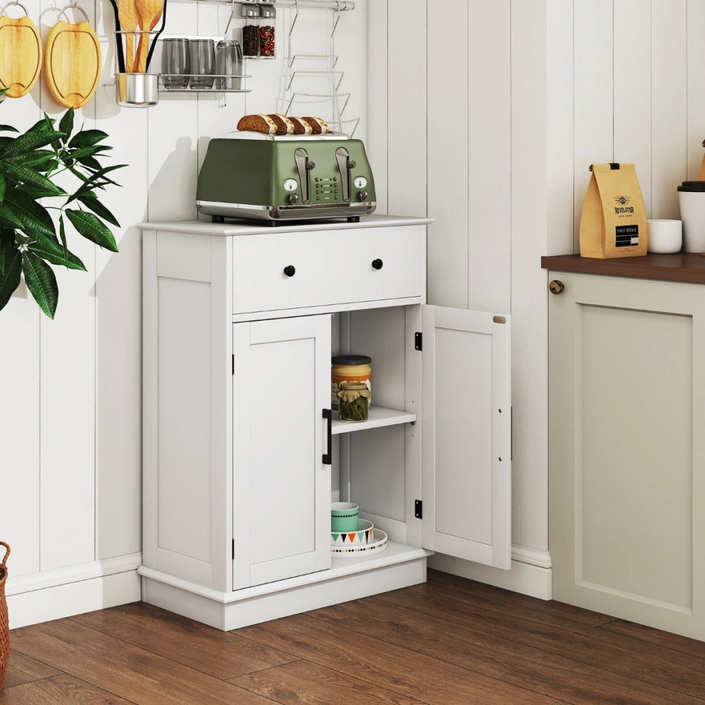 Buffet moderno con cassetto e ripiano regolabile da caff¨¨ per cucina-Armadio da pavimento per bagno con ante Bianco