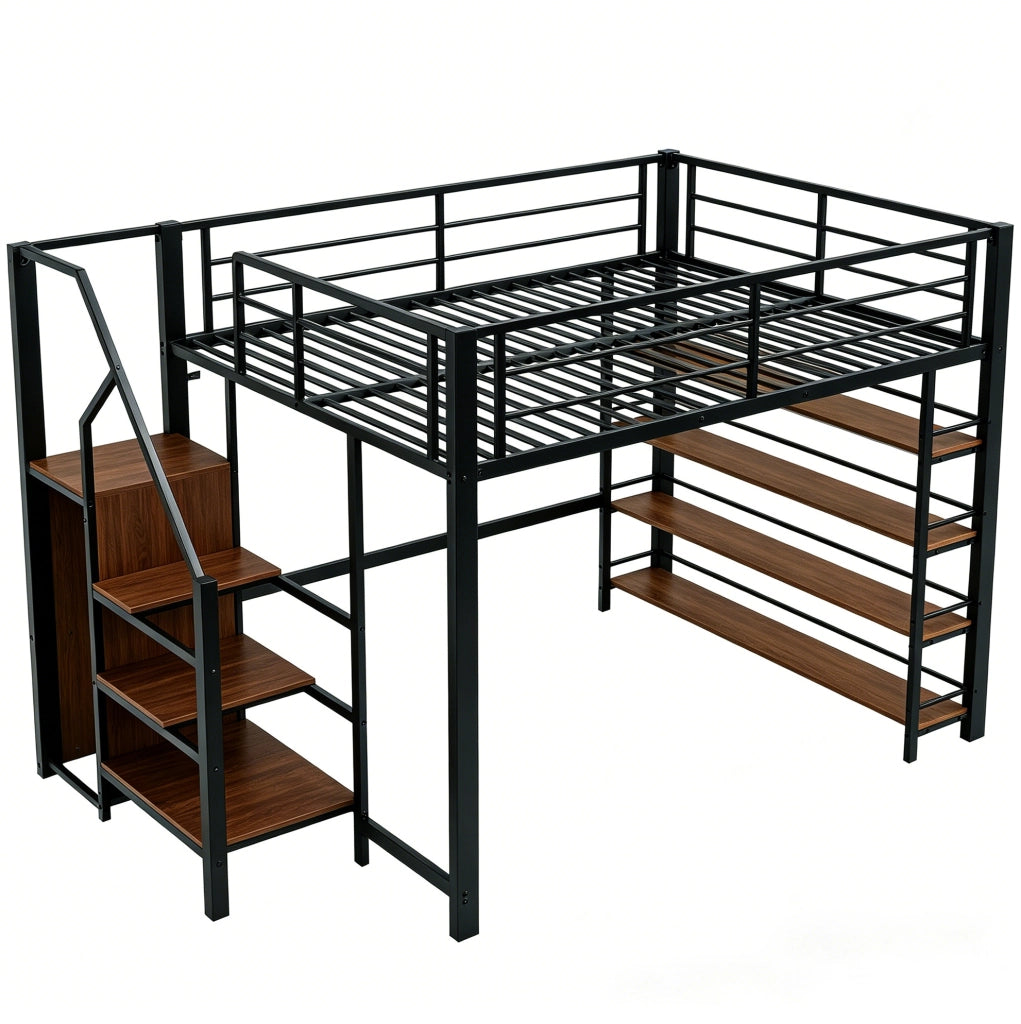Letto a soppalco 140x200 con scala contenitore, guardaroba e ripiani