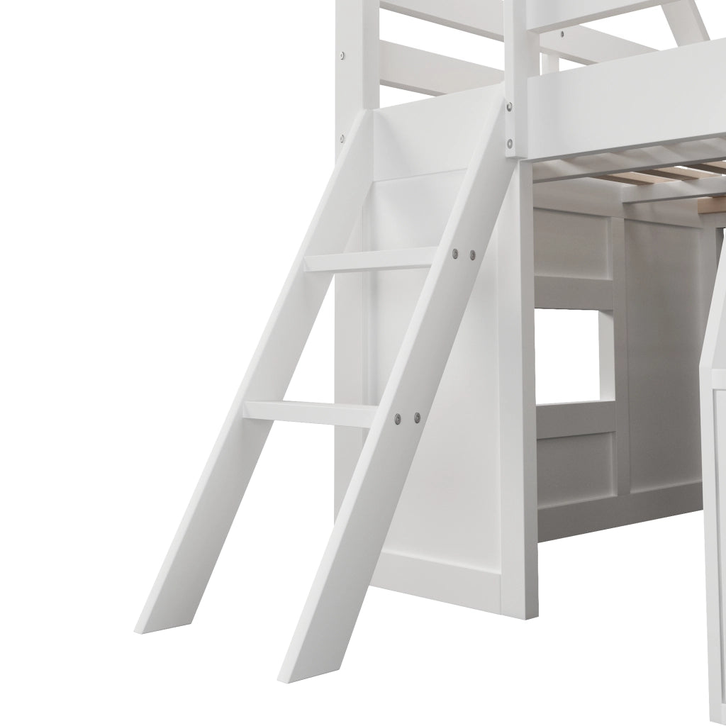 Letto a Soppalco 140x200 cm con scale; LED; box e tasche in legno bianco per cameretta