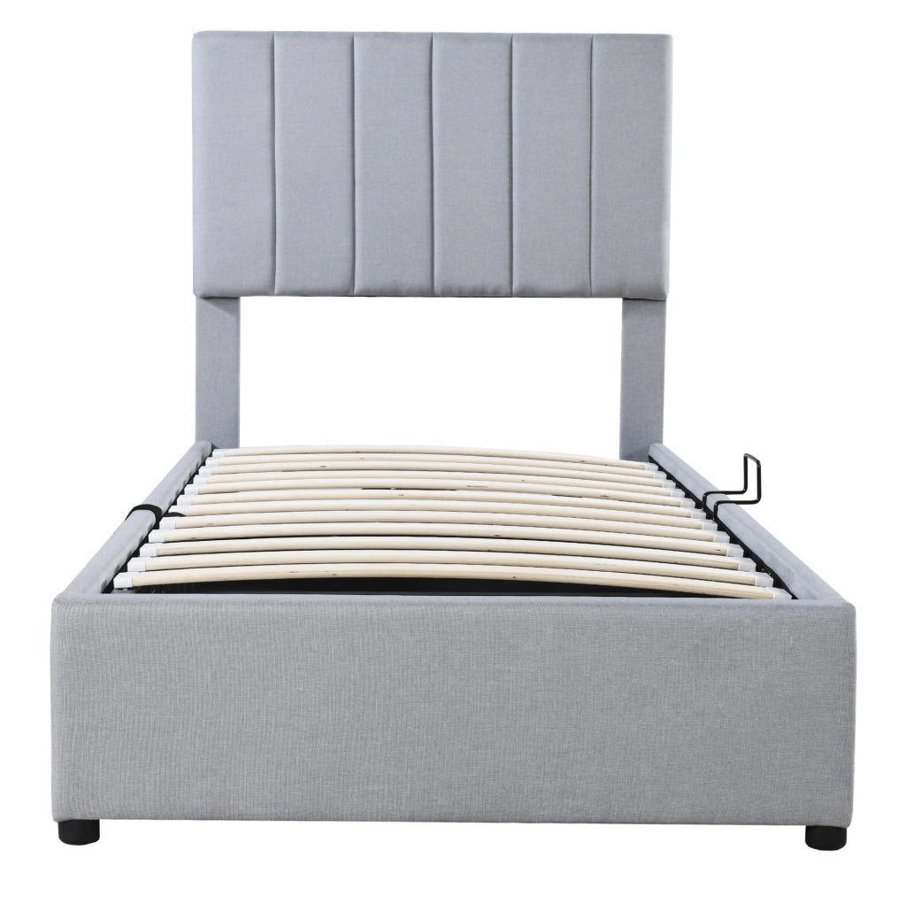 Letto contenitore 90x200 cm grigio in MDF, metallo e lino, senza materasso