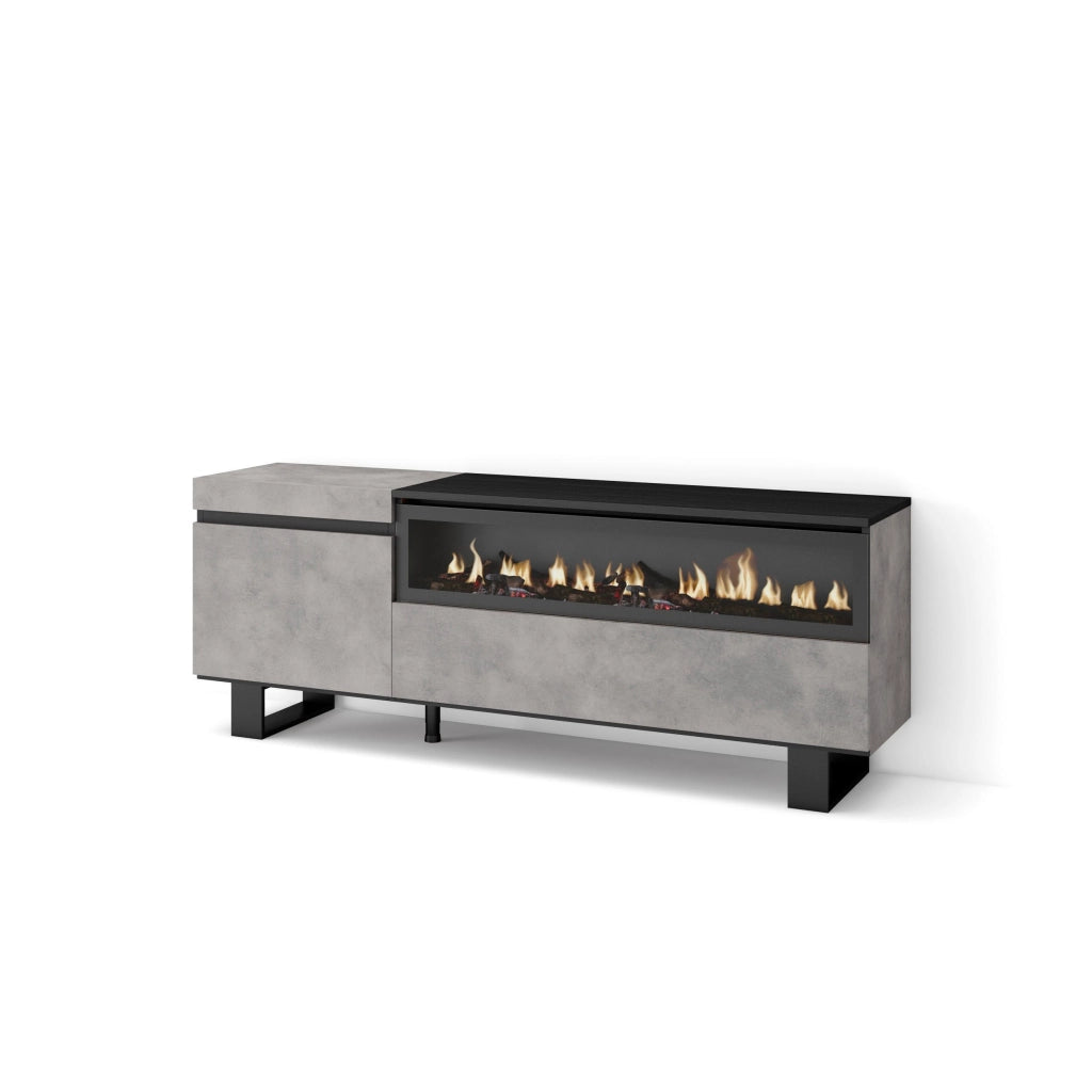 Mobile TV Soggiorno, 150x35x57cm, Per TV fino a 65", Camino elettrico, Design industriale, grigio cemento RF2473