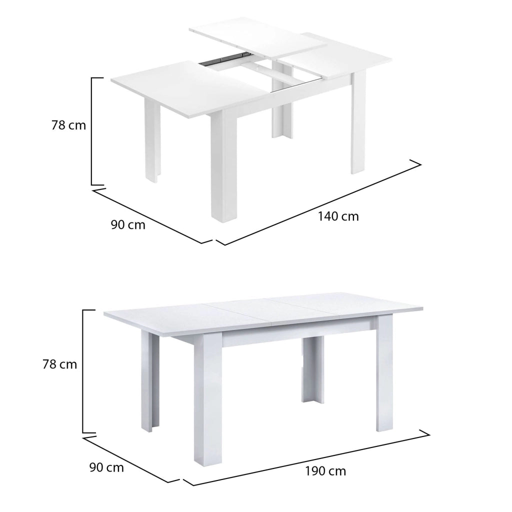 Tavolo allungabile Abudula, Tavolo per sala da pranzo allungabile, Tavolo da pranzo estensibile con allunga, cm 140/190x90h78, Bianco