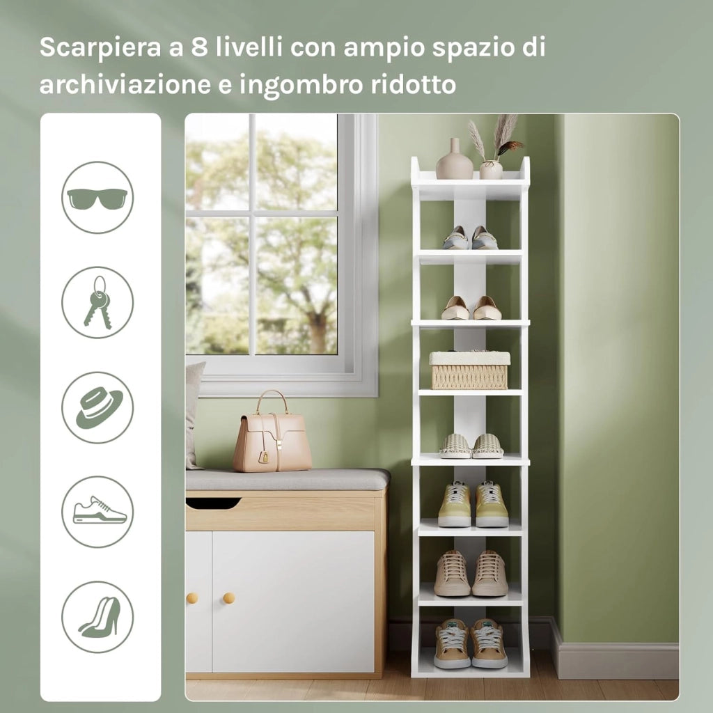 Scarpiera, 8 Livelli di Stoccaggio per Scarpe Strette, Unità di Stoccaggio Salvaspazio per Corridoio, Soggiorno, Camera da Letto, Angoli, Bianco, 27,5x30x121 cm