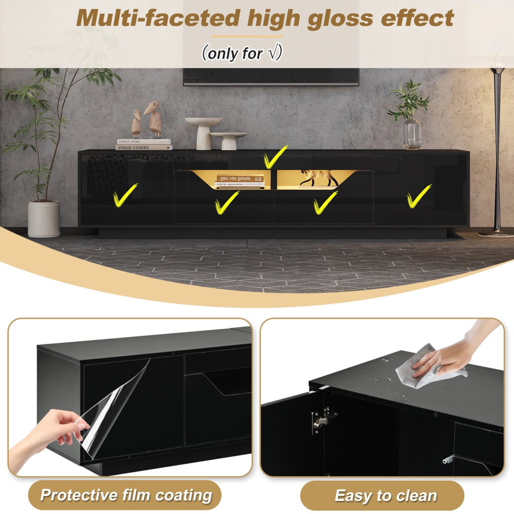 Mobile porta TV con LED, 2 cassetti, 2 vani aperti e 2 ante, finitura lucida, per soggiorno, nero, 180 × 40 × 45 cm