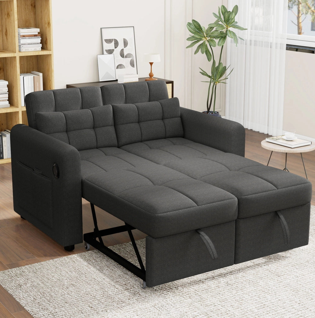 Divano letto 3 in 1 grigio con schienale regolabile, porte USB e 2 cuscini