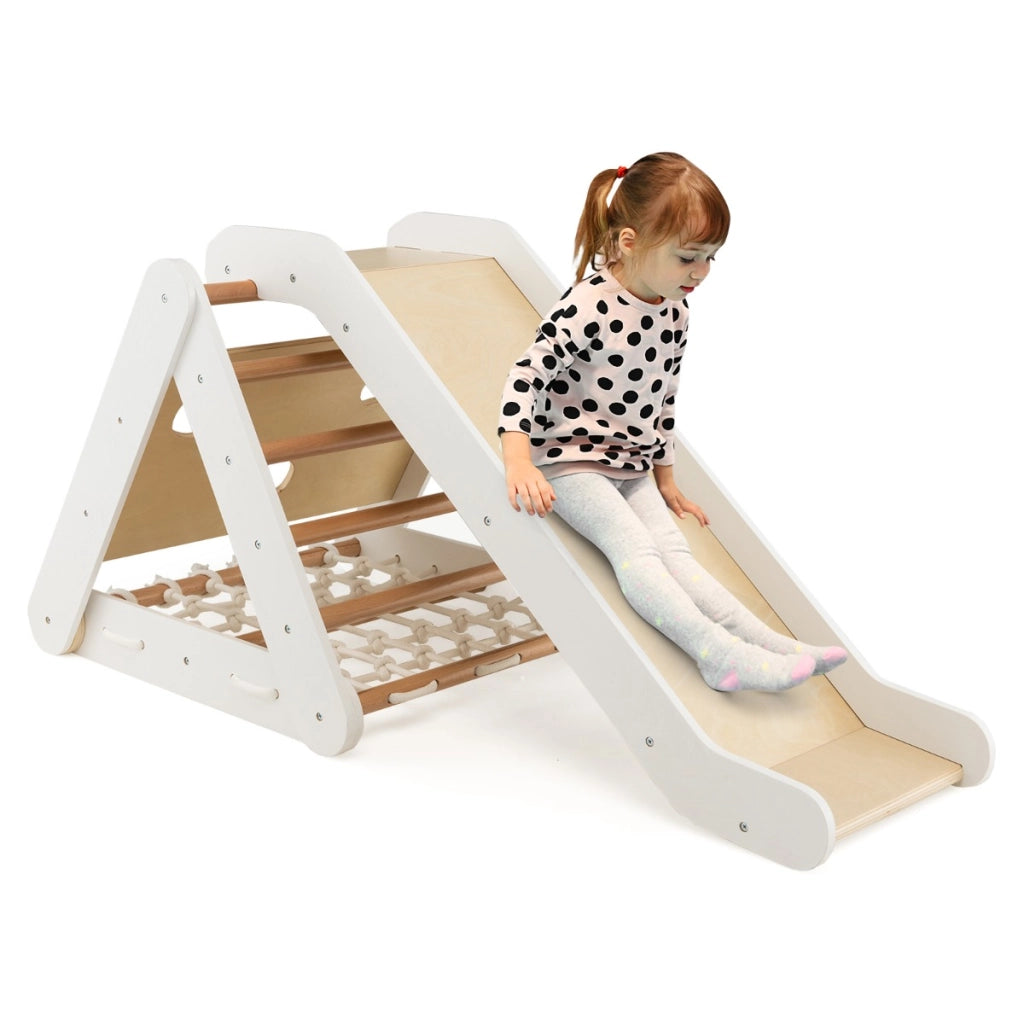 Arrampicata in legno per bambini 4-in-1 con scivolo, Arrampicata a triangolo per interni con rete Bianco-Arrampicate e scivoli