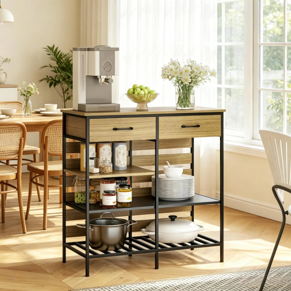 Credenza da cucina, mobile contenitore con 2 cassetti e 3 vani a giorno, mobile da cucina per soggiorno e sala da pranzo