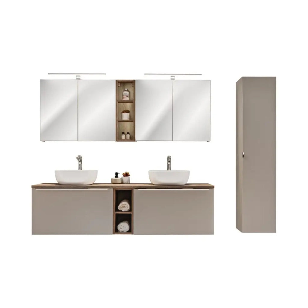 Insieme VANTA taupe: mobili sotto lavabo 180 cm + lavabi da appoggio + mobili per il contenimento + specchi + LED