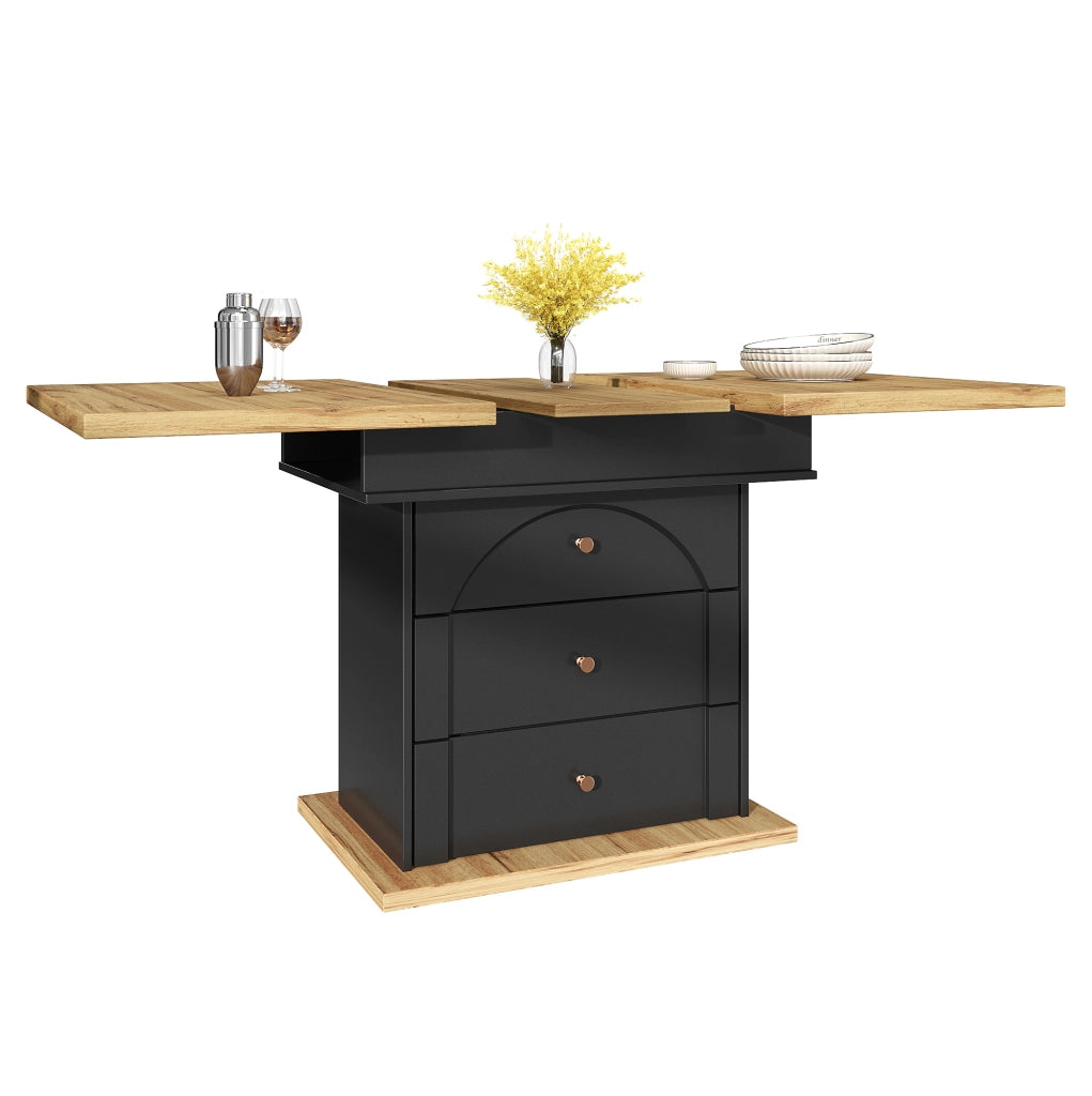 Tavolo da pranzo allungabile 110-140x80x75 cm con contenitore; MDF e metallo; nero e naturale