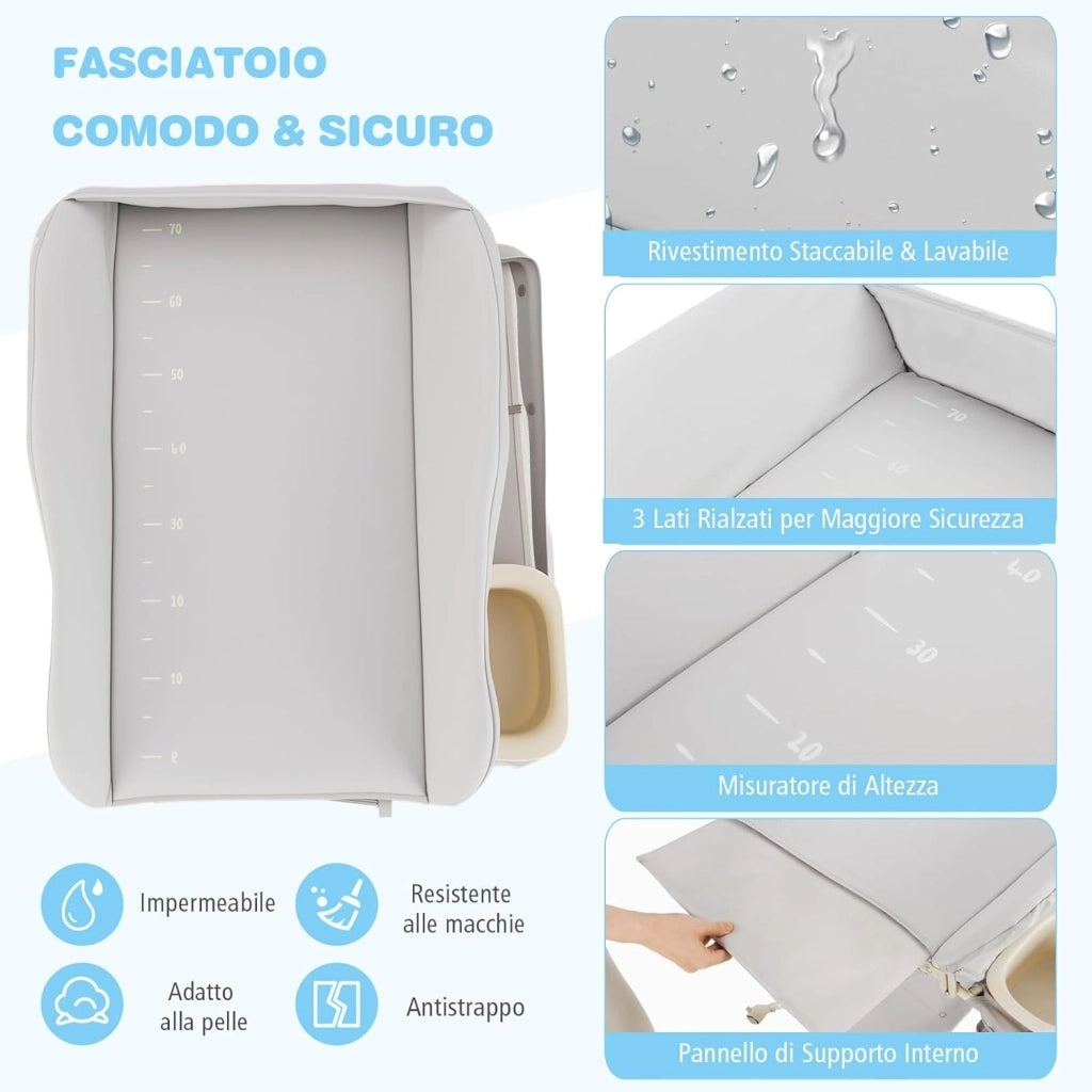 Fasciatoio Pieghevole Neonato, Fasciatoio Portatile con Altezza Regolabile a 3 Livelli, con Bacino, Cestino Portaoggetti e Cintura di Sicurezza, 4 Ruote Bloccabili, Portata 11 kg (Grigio)
