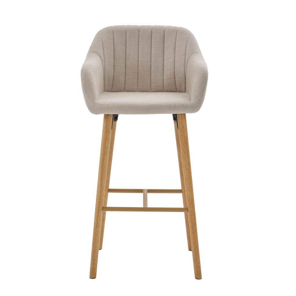 Set 2 Sgabelli da Bar con Schienale Alto e Braccioli ¨C MINIMAL ¨C Seduta in Tessuto Lino, Gambe in Legno