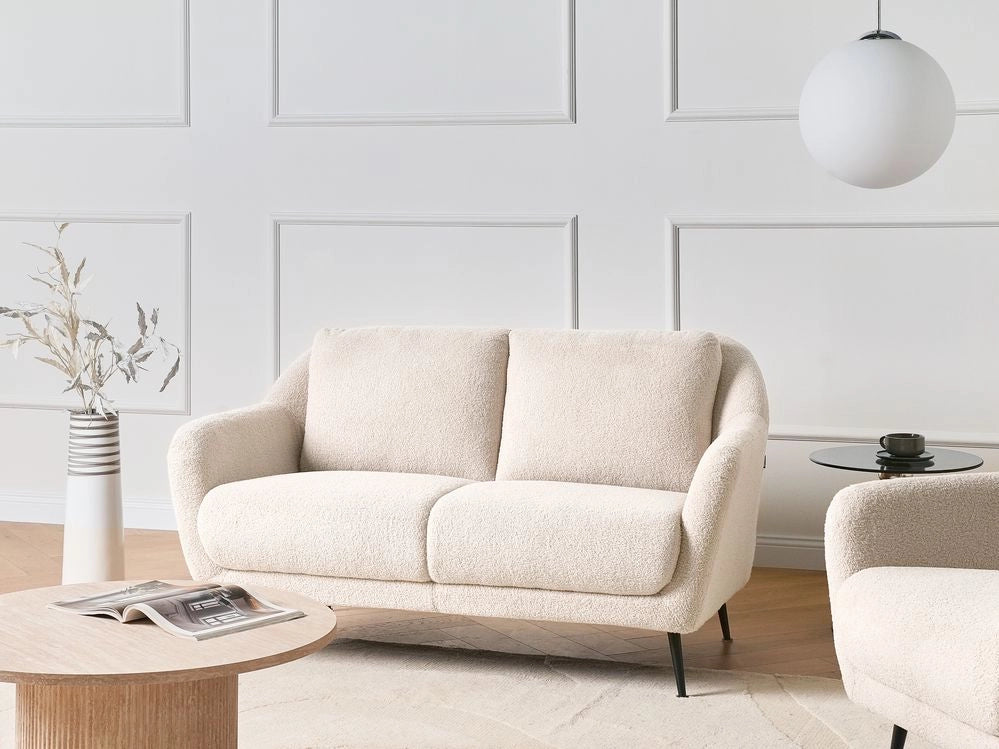 Divano 2 posti Boucle beige Gambe nere in ferro con braccioli Seduta spessa Stile moderno Soggiorno