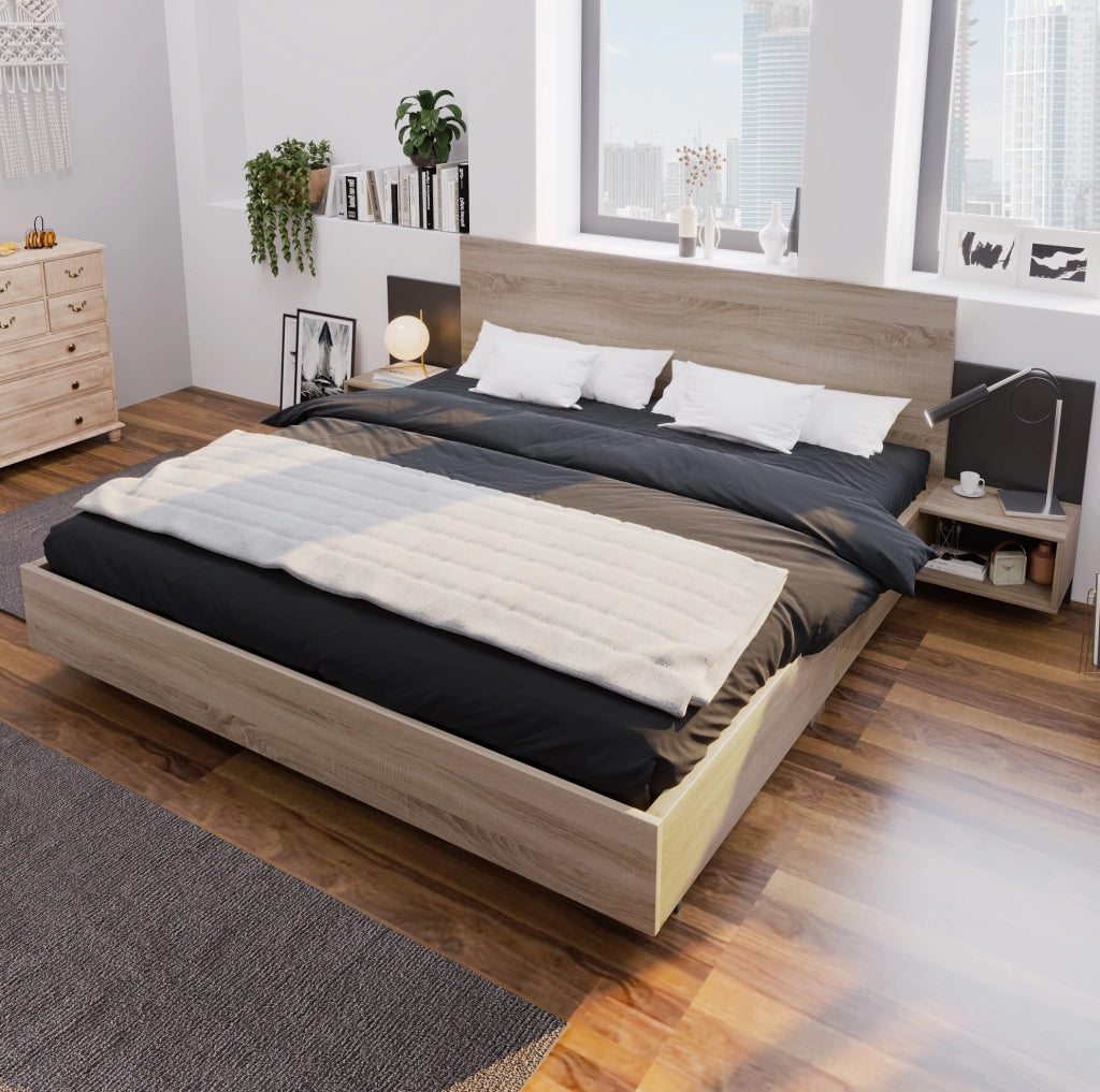 Letto matrimoniale ULEVR 160x200 cm con 2 comodini integrati e rete a doghe, rovere Sonoma e grigio scuro
