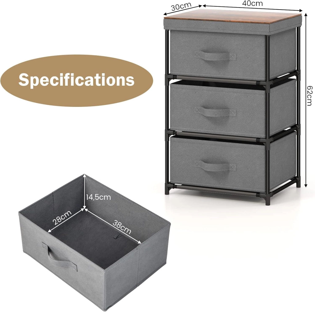 Armadietto a 3 Cassetti, Cassettiera Verticale con Contenitori in Tessuto Pieghevoli e Rimovibili, Comò in Stile Industriale per Camera da Letto, Soggiorno e Ufficio, Nero (Grigio 2)