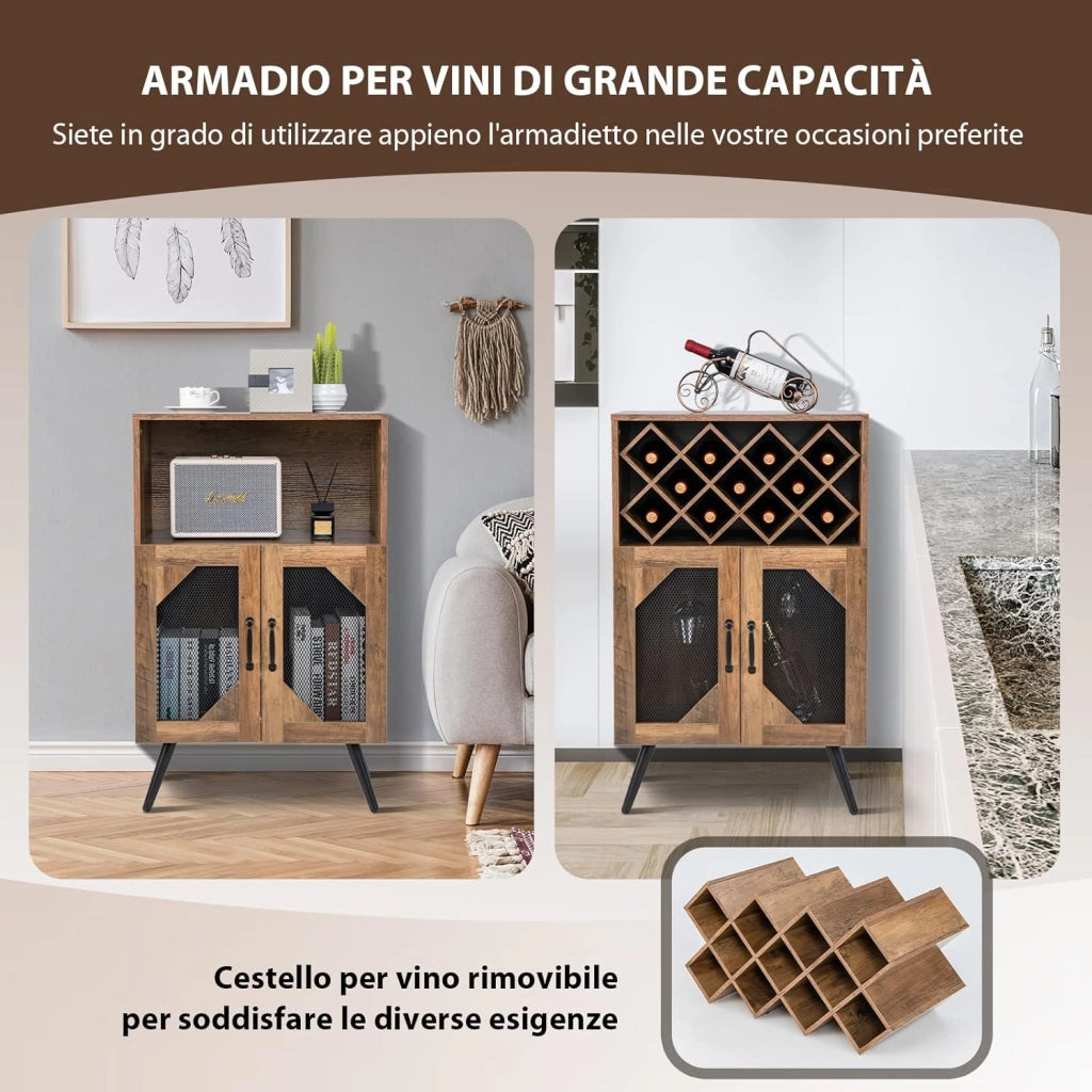 Cantinetta Portabottiglie in Legno, Credenza da Cucina con Portabottiglie Rimovibile, Portabicchiere e 2 Ante, Ideale per Cucina, Sala da Pranzo, Soggiorno