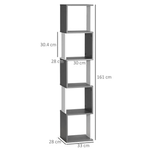 Libreria Moderna Salvaspazio a 5 Ripiani 33x28x161 cm in Legno Grigio e Bianco