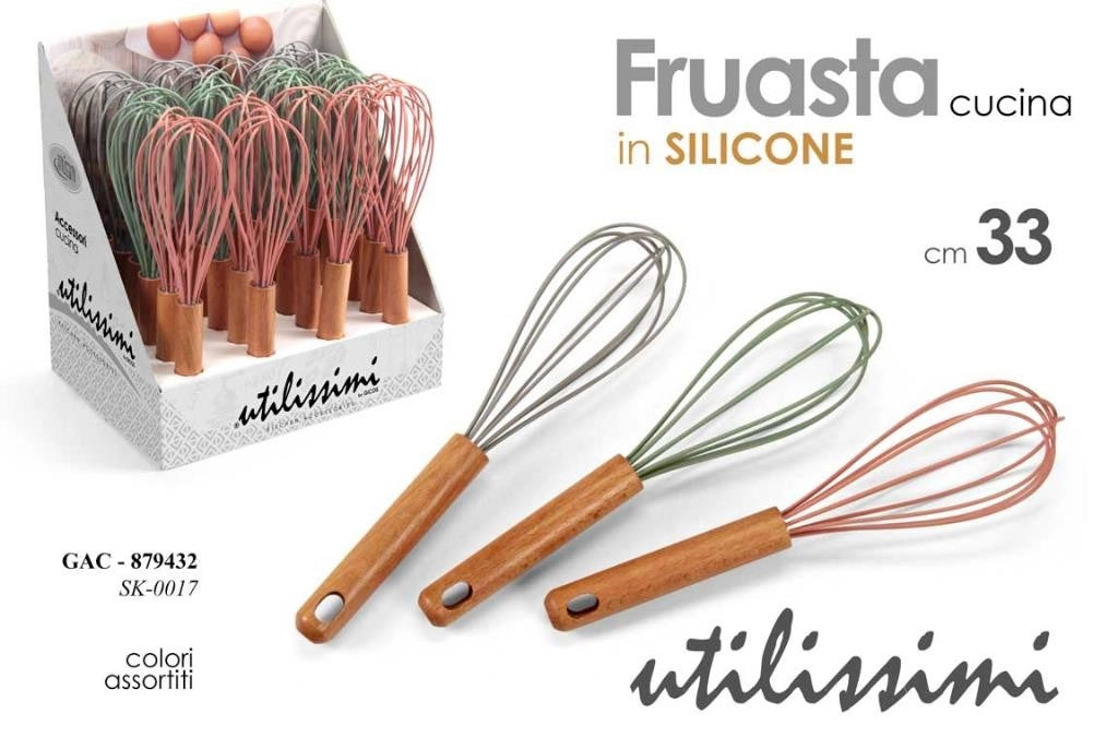 1 Pezzo Frusta da Cucina in Silicone Manico in Bamboo 33 cm 3 Colori