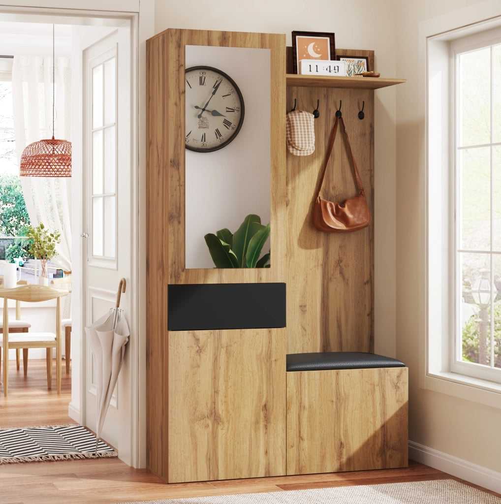 Mobile ingresso con specchio; 5 ganci; panca e scarpiera 98;5x38x191 cm; MDF nero e naturale
