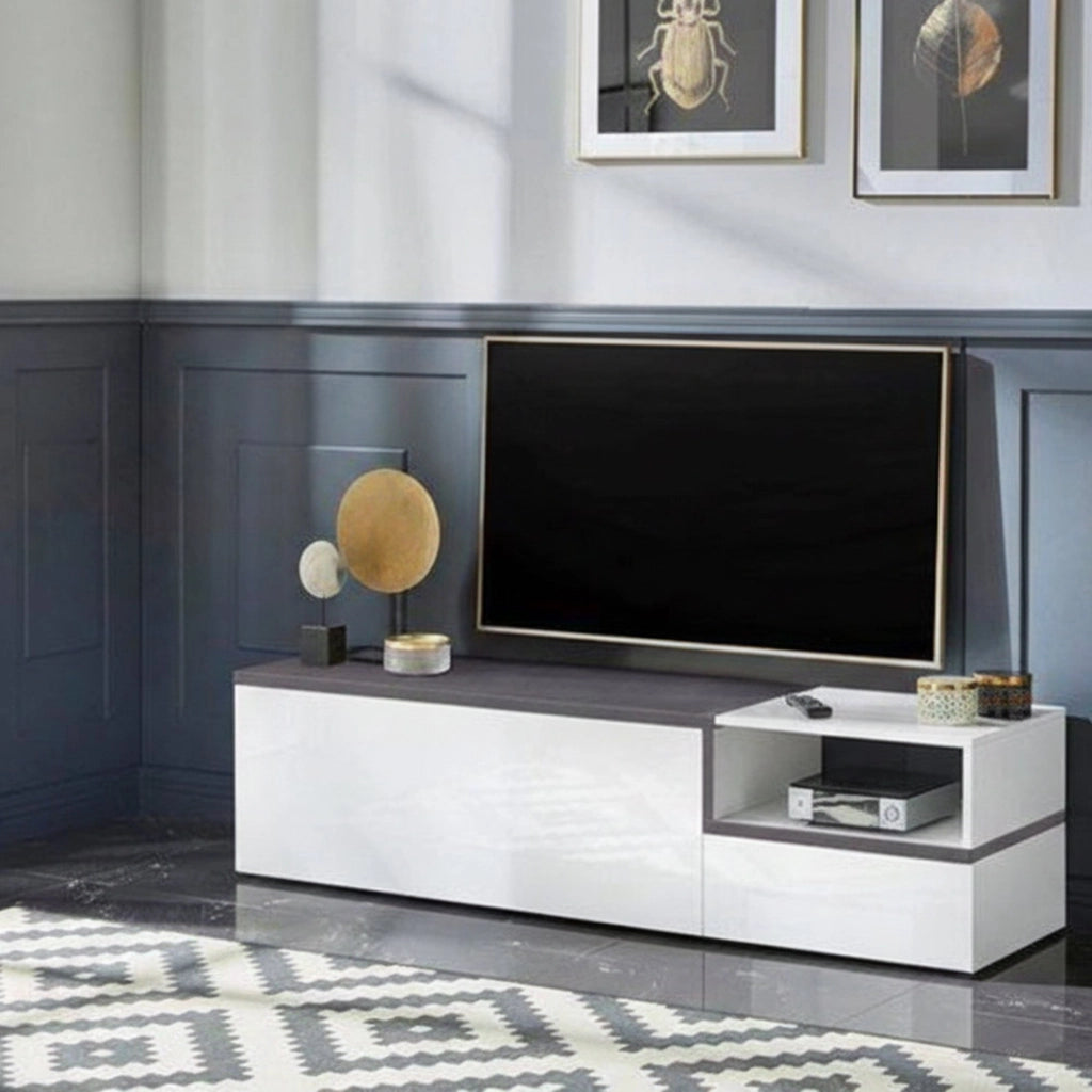 Mobile da soggiorno Porta Fluorite, Made in Italy, Credenza per Fluorite a 2 ante, Porta Fluorite da salotto, cm 160x40h46, Bianco lucido e Ardesia