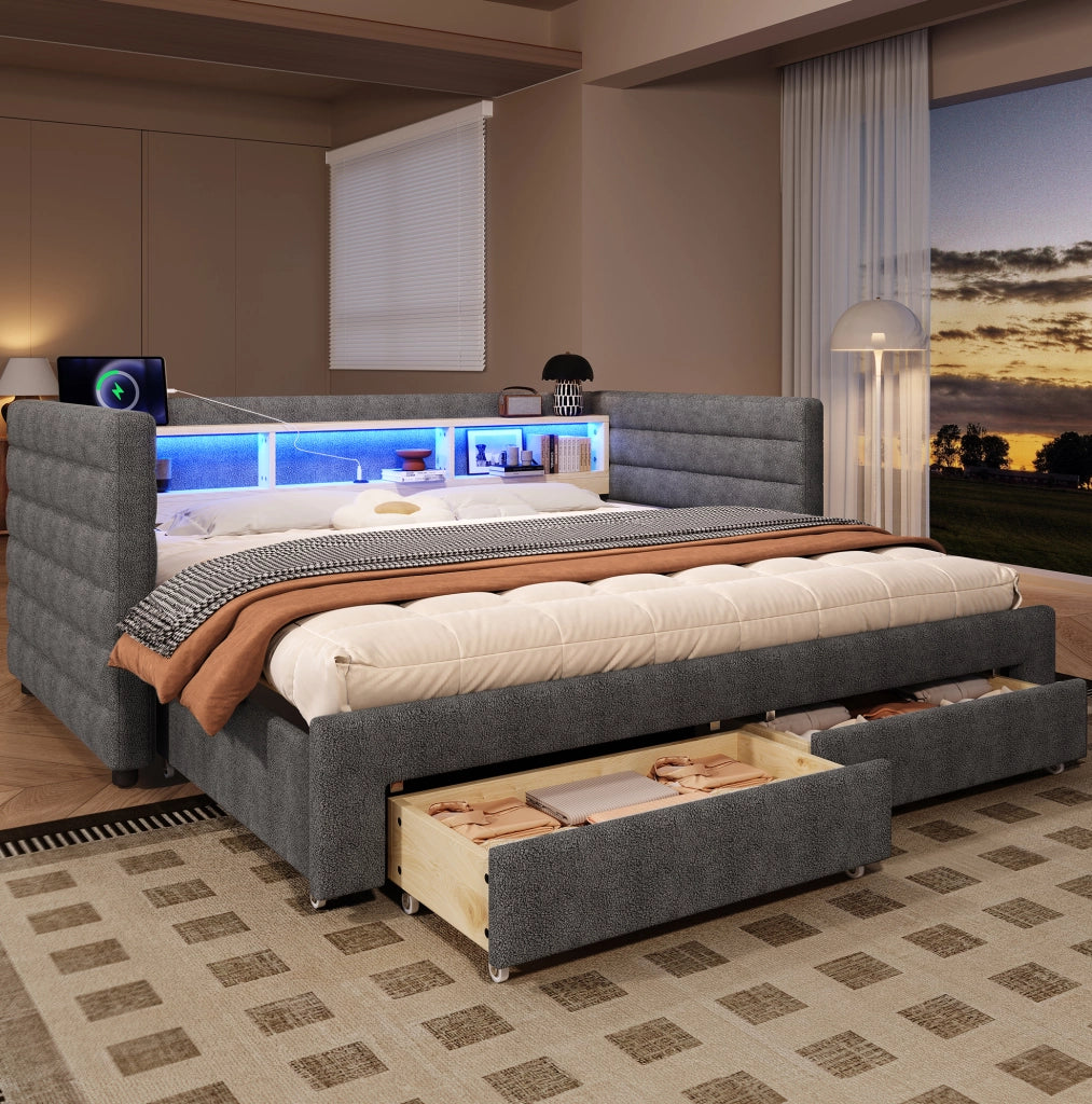 Divano letto 90x190 cm estraibile con LED; USB e Tipo-C in velluto e MDF grigio