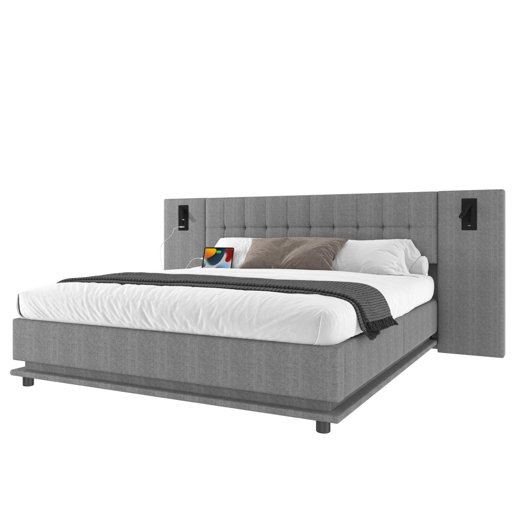 OKWISH Letto Imbottito 180×200 cm, Letto Matrimoniale con LED Regolabile, Luce Lettura e USB, senza Materasso, Lino, Grigio