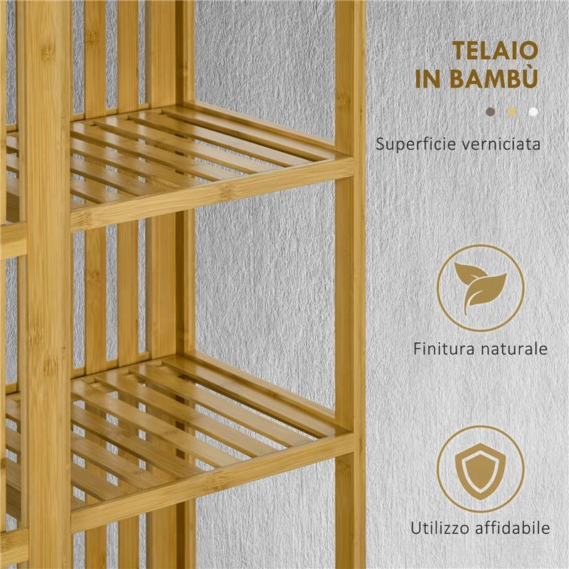 ARMADIO APERTO IN BAMBOO CON 2 ANTE SCORREVOLI, RIPIANI APERTI E BARRA APPENDIABITI, 145X35X165CM