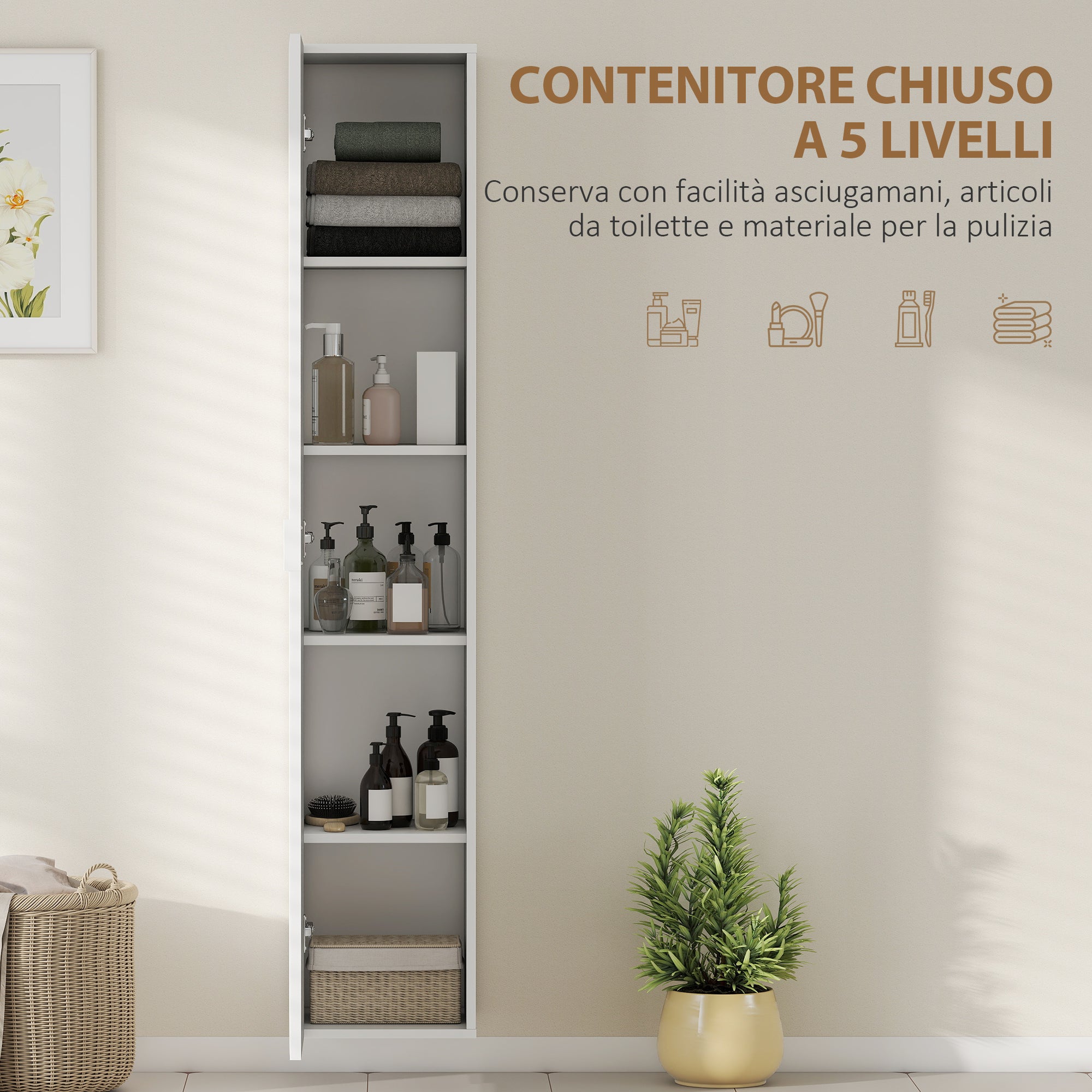 Mobile Bagno Sospeso a Colonna 30x31.5x160 cm con Ripiani Regolabili e Chiusura Soft Close in MDF Bianco