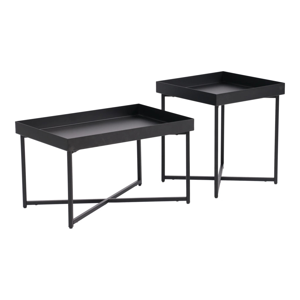 Set di 2 Tavolini 'Heinola' in Misure Diverse - Tavolini Bassi in Acciaio con Gambe a Croce e Piano con Bordi Laterali - Nero Opaco [en.casa]
