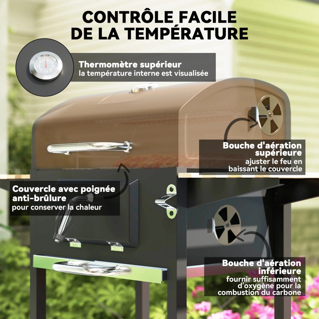 Barbecue carbone regolabile in altezza con griglia, coperchio, termometro, ripiani, ruote e apribottiglie ¨C zephmum ¨C nero