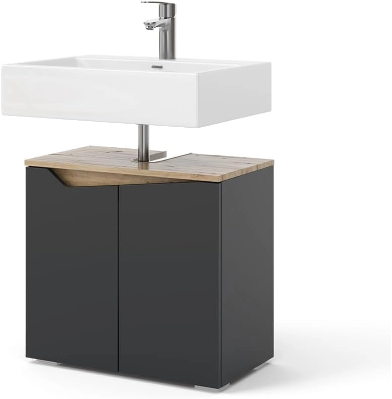 Mobiletto per lavabo Marelle, Antracite/Artisan, 60 x 57.5 cm con 2 porte, con ritaglio per sifone per il montaggio sotto il lavabo