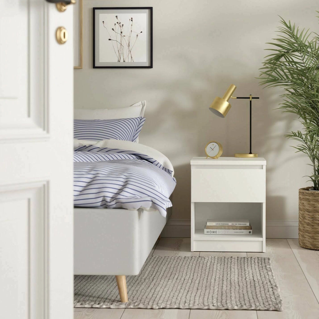 Comodino Scolastica, Comò basso, Tavolino da notte, Mensola da letto, 40x40 h50 cm, Bianco