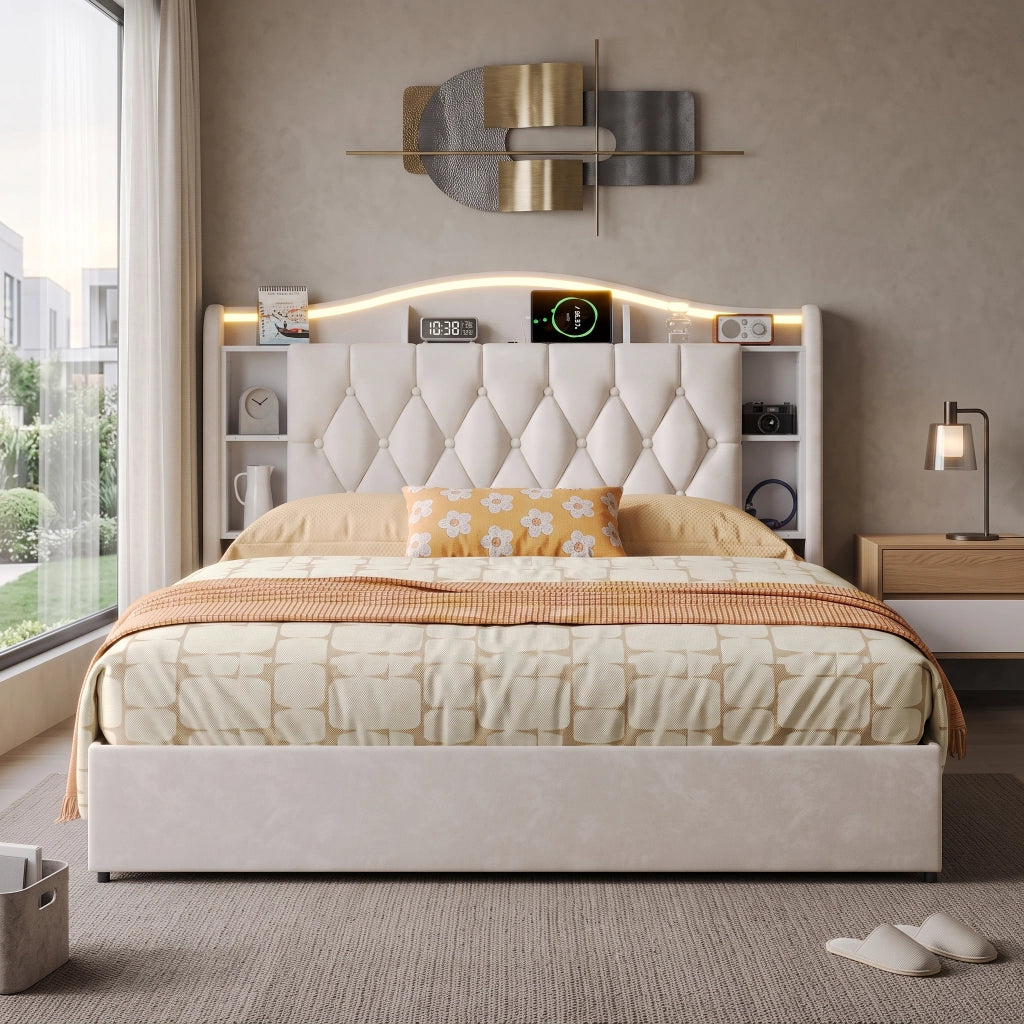 Letto matrimoniale 160x200 cm con contenitore LED RGB USB testiera rete a doghe velluto metallo legno - beige