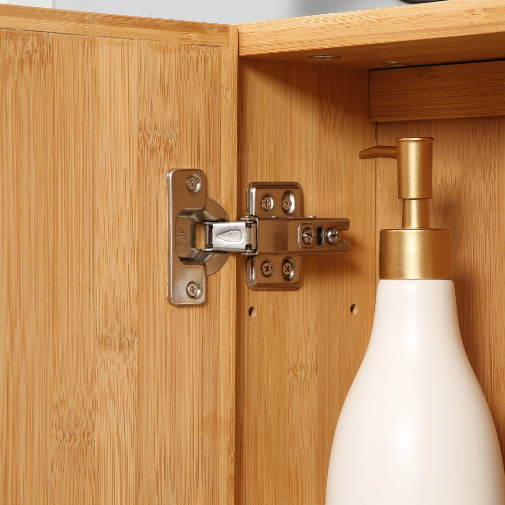 Armadietto a specchio con 2 ante e 3 ripiani interni, da parete, per bagno, in bambù, legno naturale, 65,2 × 14 × 50 cm