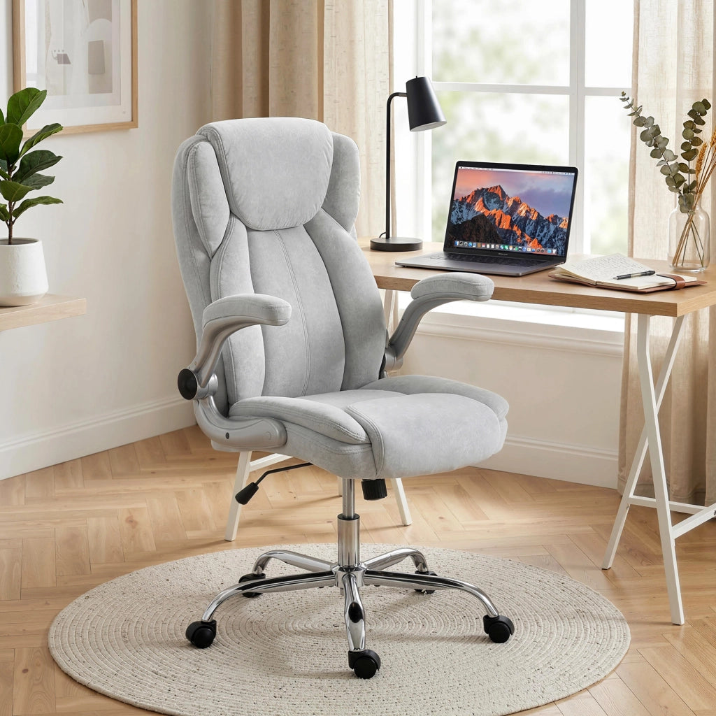 Sedia Ergonomica da Ufficio68x69x118 cm Schienale Alto e Braccioli Ribaltabili in VellutoBianco Crema
