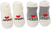 Babysokke più piccole 0-6 mesi 2 paia di calze di cotone con disegno "Io amo Mamma + Io amo Papà" - calze antiscivolo per neonati in bianco Dimensione unica