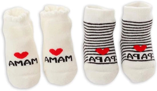 Babysokke più piccole 0-6 mesi 2 paia di calze di cotone con disegno "Io amo Mamma + Io amo Papà" - calze antiscivolo per neonati in bianco Dimensione unica