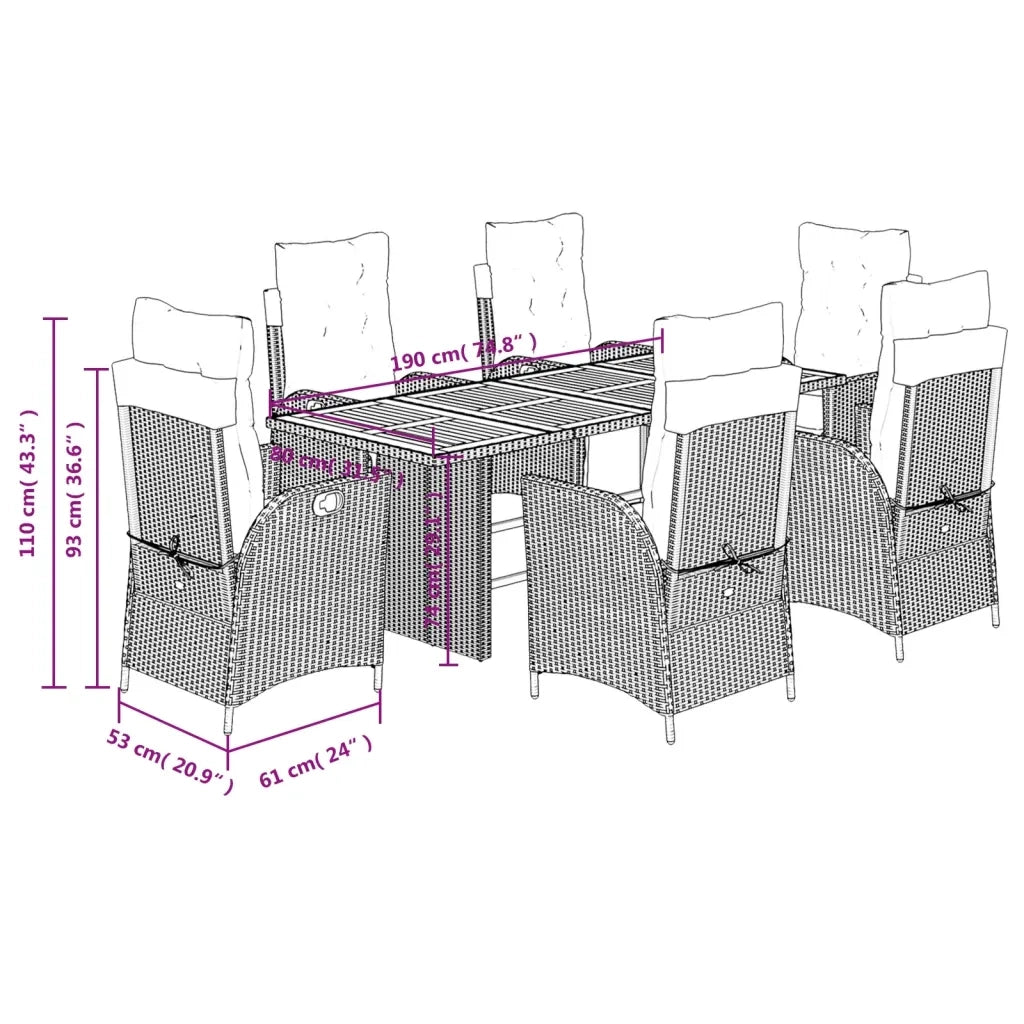 Set da Pranzo da Giardino 7 pz Nero con Cuscini in Polyrattan