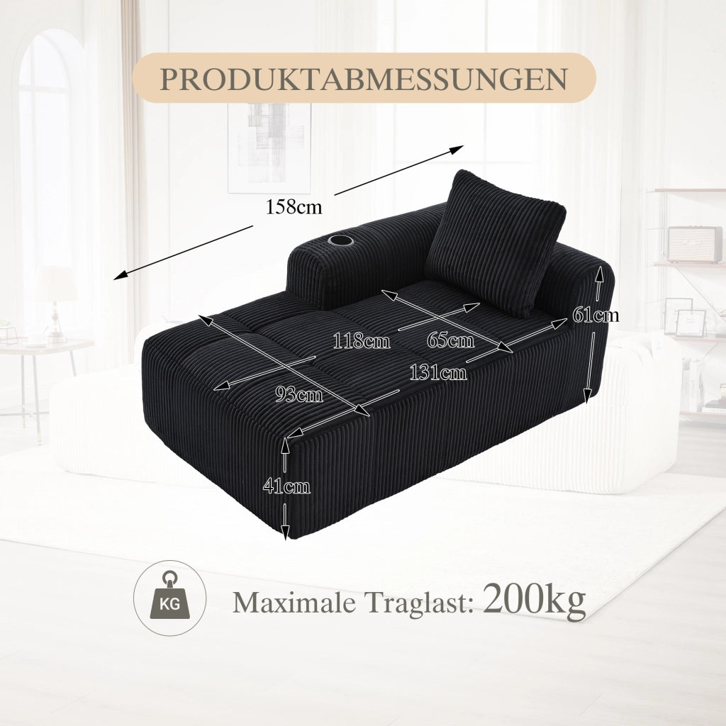 Fauteuil relax in corduroy con tasche laterali e portabicchieri, schiuma ad alta densità nero 158 × 93 × 61 cm