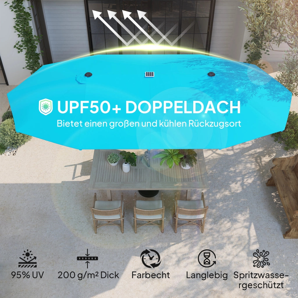 Ombrellone doppio con luci solari ¨C zephmum ¨C Blu, Poliestere, Alluminio