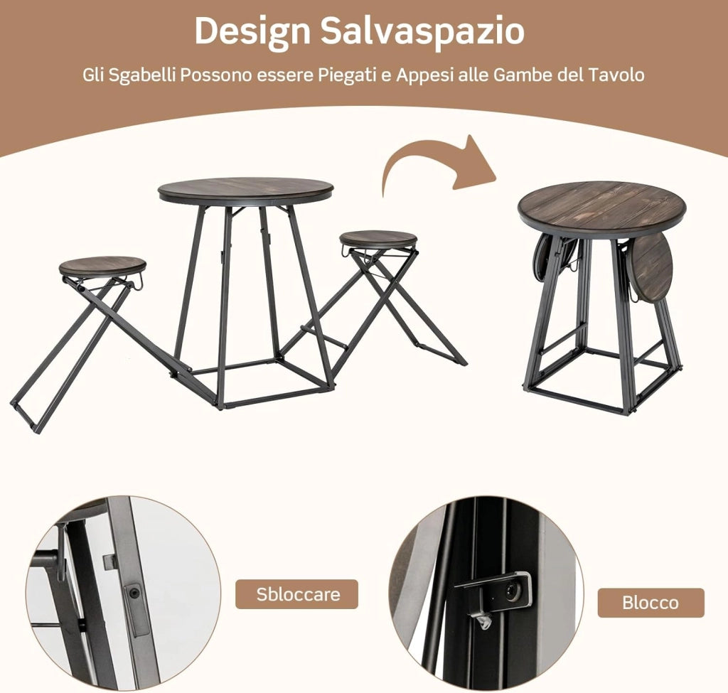 Set Tavolo da Pranzo 3 Pezzi, Tavolo Rotondo e 2 Sgabelli Pieghevoli in Metallo, Set di Mobile per 2 Persone per Piccoli Spazi, Appartamento, Cucina e Sala da Pranzo